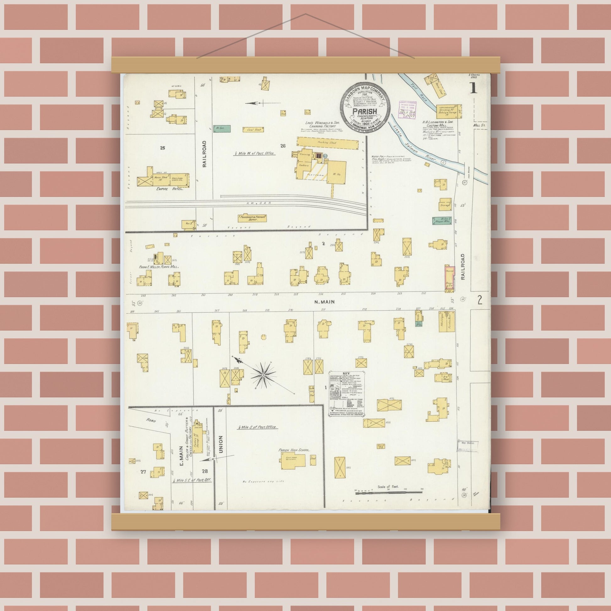 Old map wall art mockup — magnetic wood frame on brick wall — Sanborn Fire Insurance Map from Parish, Oswego County, New York (1906) - Complete Map Set