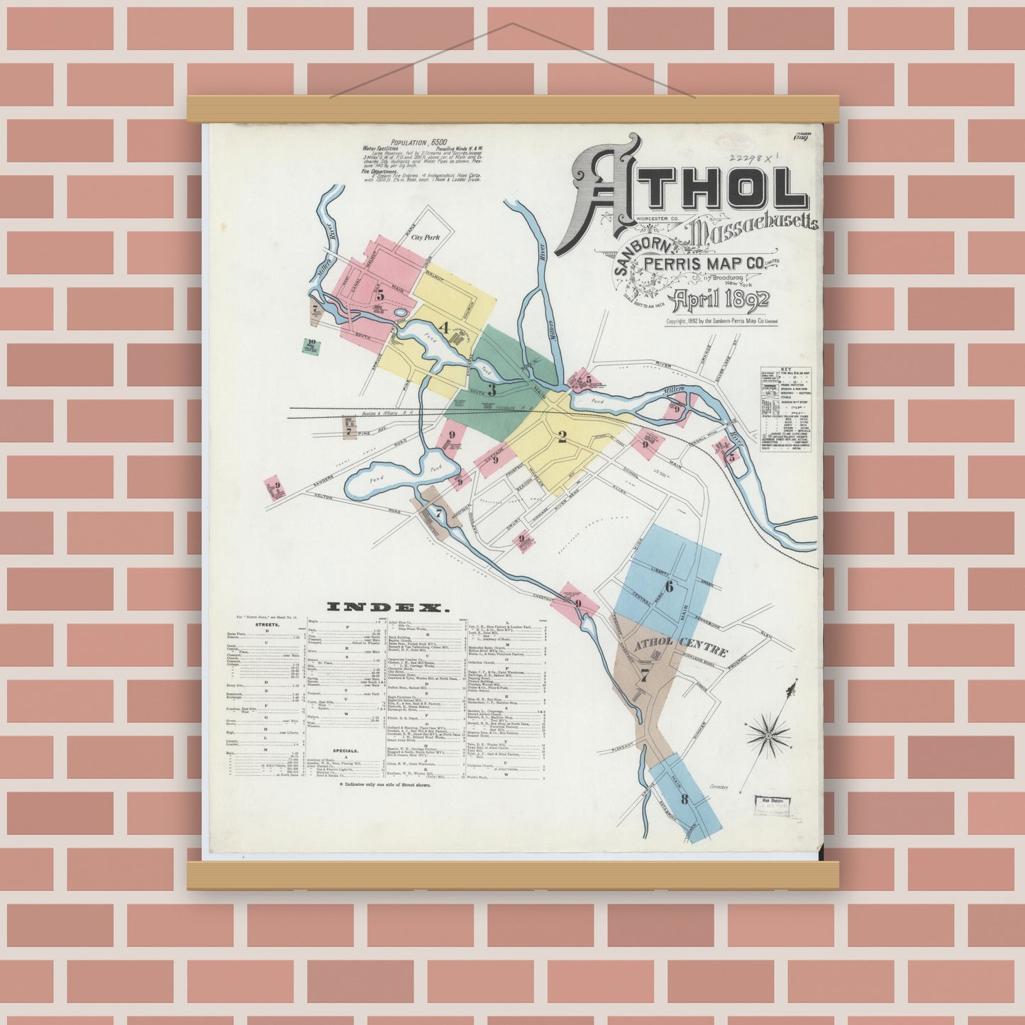 Old map wall art mockup — magnetic wood frame on brick wall — Sanborn Fire Insurance Map from Athol, Worcester County, Massachusetts (1892) - Complete Map Set