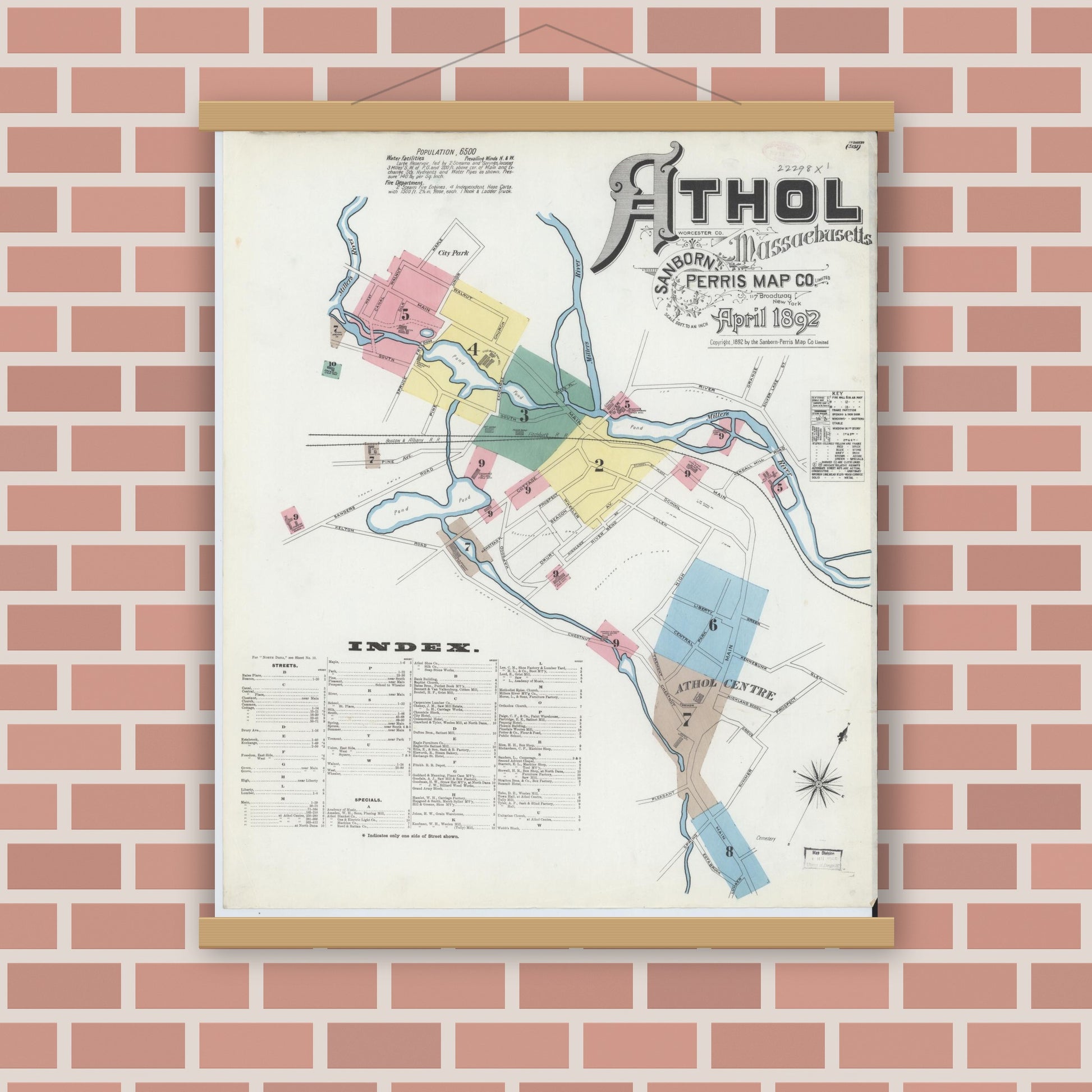 Old map wall art mockup — magnetic wood frame on brick wall — Sanborn Fire Insurance Map from Athol, Worcester County, Massachusetts (1892) - Complete Map Set