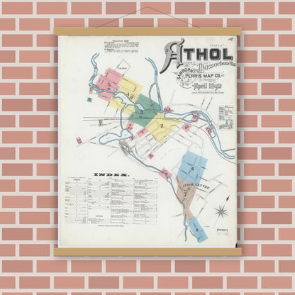 Old map wall art mockup — magnetic wood frame on brick wall — Sanborn Fire Insurance Map from Athol, Worcester County, Massachusetts (1892) - Complete Map Set