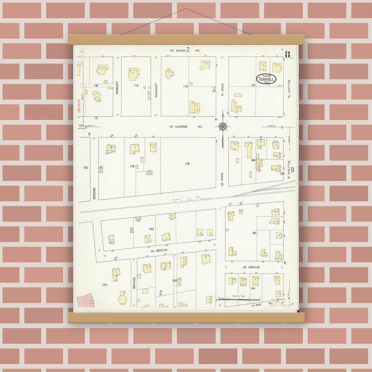 Old map wall art mockup — magnetic wood frame on brick wall — Sanborn Fire Insurance Map from Terrell, Kaufman County, Texas (1914), Sheet #0008