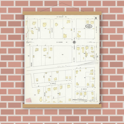Old map wall art mockup — magnetic wood frame on brick wall — Sanborn Fire Insurance Map from Terrell, Kaufman County, Texas (1914), Sheet #0008