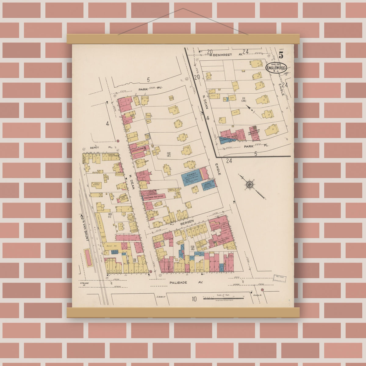Old map wall art mockup — magnetic wood frame on brick wall — Sanborn Fire Insurance Map from Englewood, Bergen County, New Jersey (1922), Sheet #0005