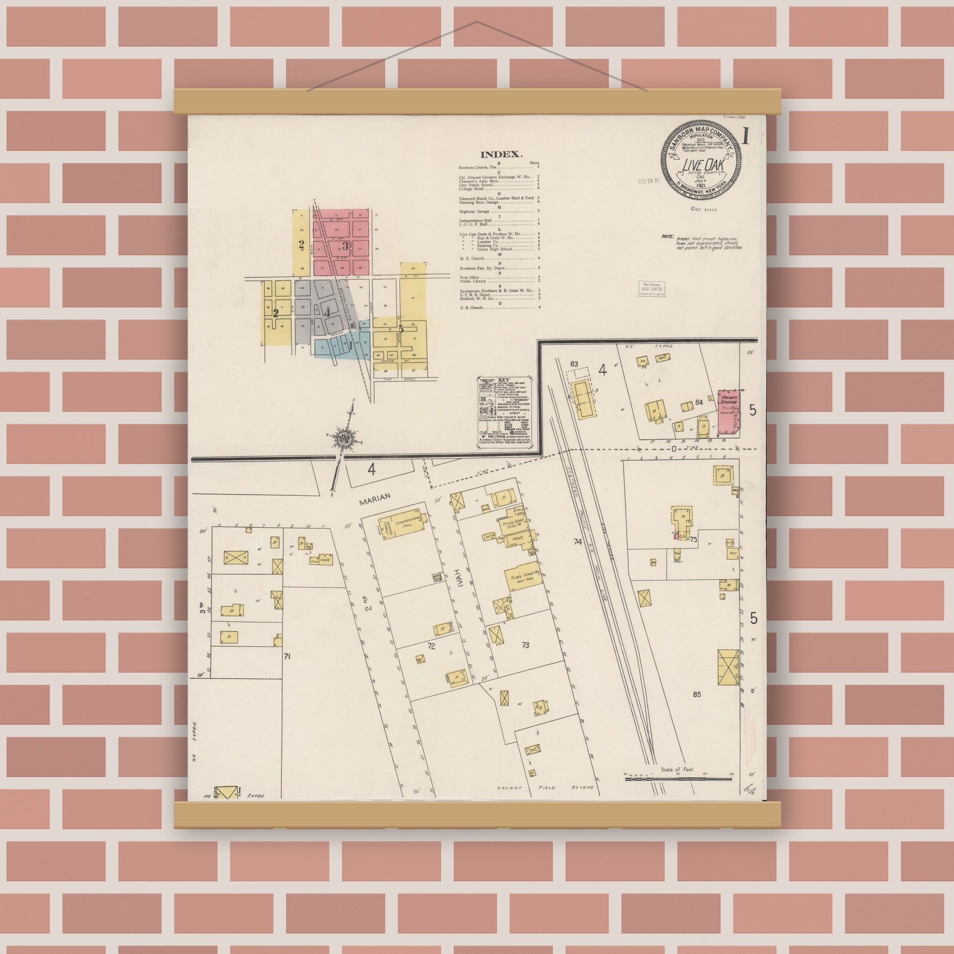 Old map wall art mockup — magnetic wood frame on brick wall — Sanborn Fire Insurance Map from Live Oak, Sutter County, California (1921) - Complete Map Set