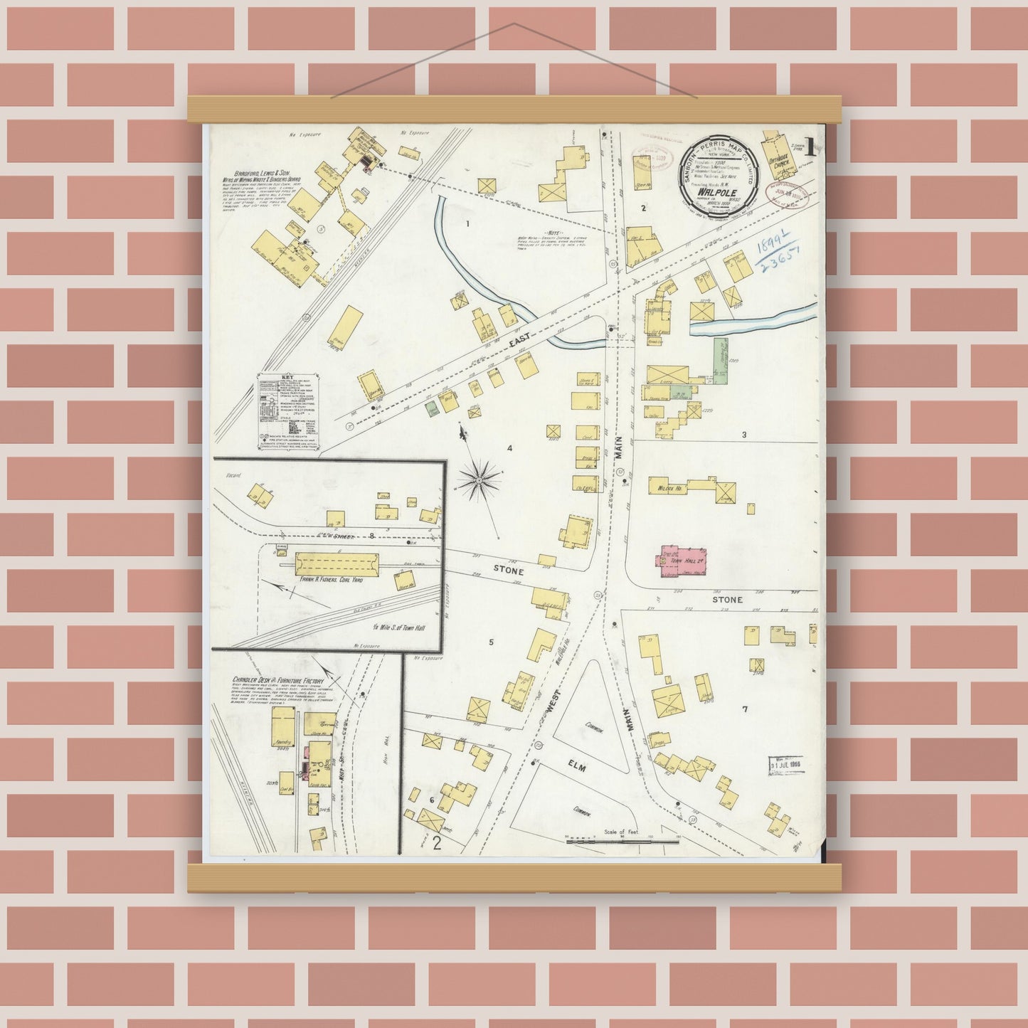 Old map wall art mockup — magnetic wood frame on brick wall — Sanborn Fire Insurance Map from Walpole, Norfolk County, Massachusetts (1899) - Complete Map Set