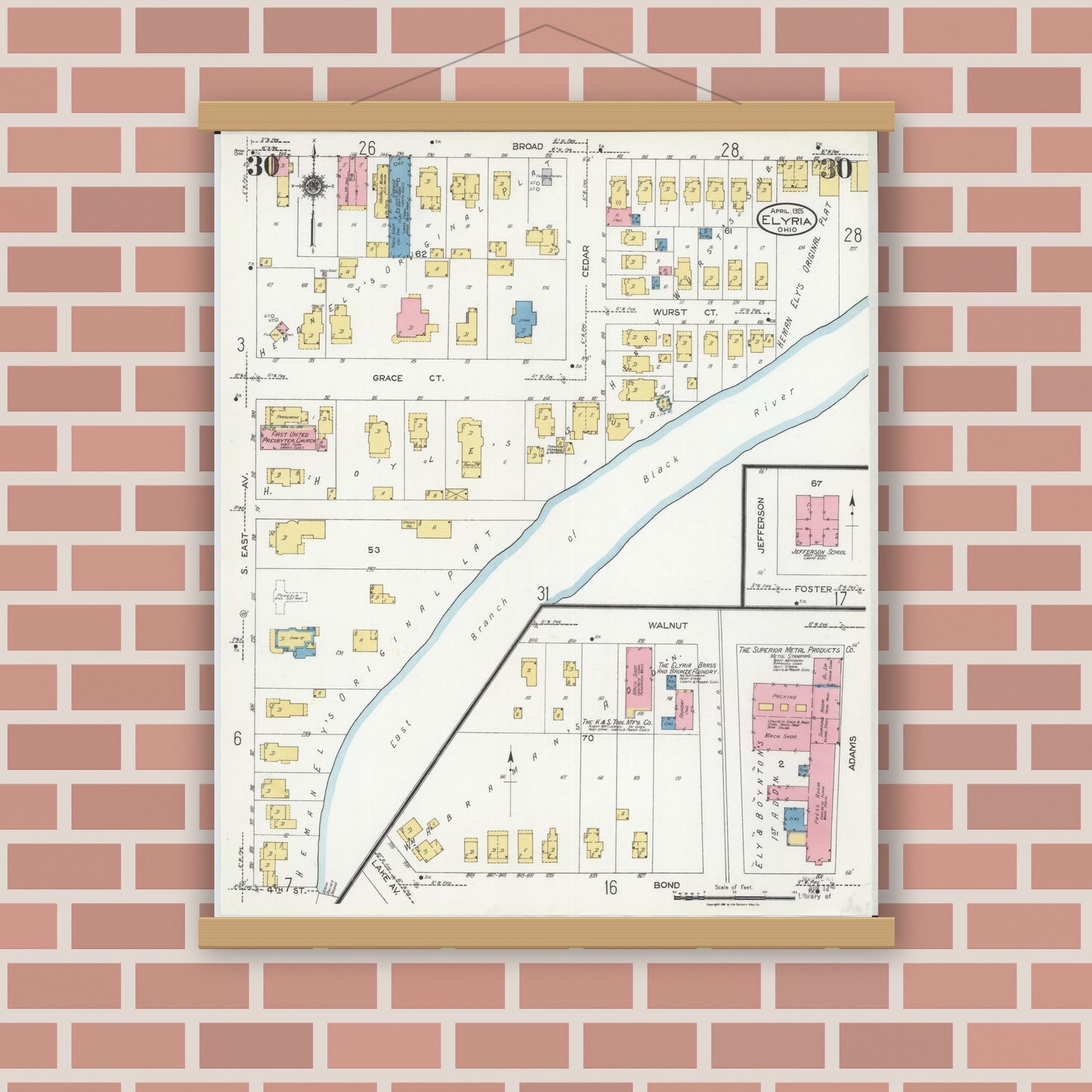 Old map wall art mockup — magnetic wood frame on brick wall — Sanborn Fire Insurance Map from Elyria, Lorain County, Ohio (1925), Sheet #0030