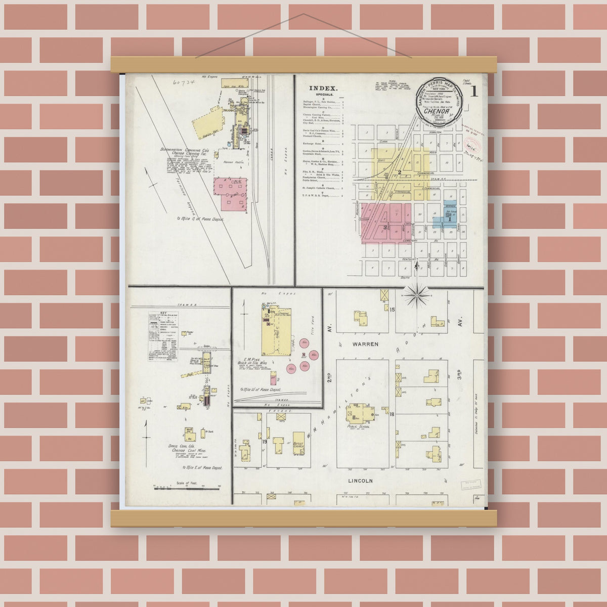 Old map wall art mockup — magnetic wood frame on brick wall — Sanborn Fire Insurance Map from Chenoa, McLean County, Illinois (1894), Sheet #0001