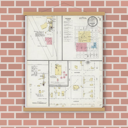 Old map wall art mockup — magnetic wood frame on brick wall — Sanborn Fire Insurance Map from Chenoa, McLean County, Illinois (1894), Sheet #0001