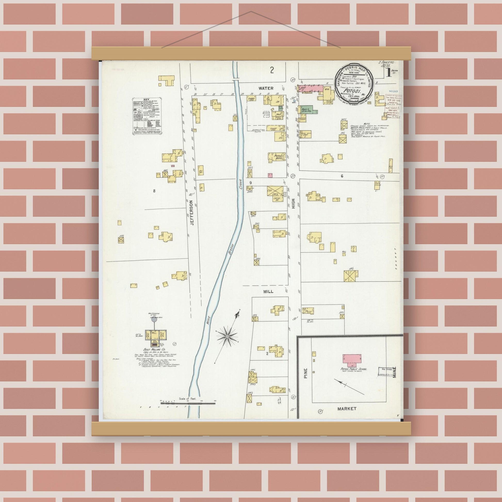 Old map wall art mockup — magnetic wood frame on brick wall — Sanborn Fire Insurance Map from Potosi, Washington County, Missouri (1900) - Complete Map Set