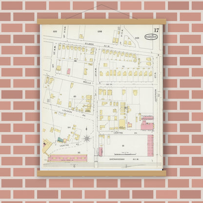 Old map wall art mockup — magnetic wood frame on brick wall — Sanborn Fire Insurance Map from Roanoke, Independent Cities, Virginia (1893), Sheet #0017