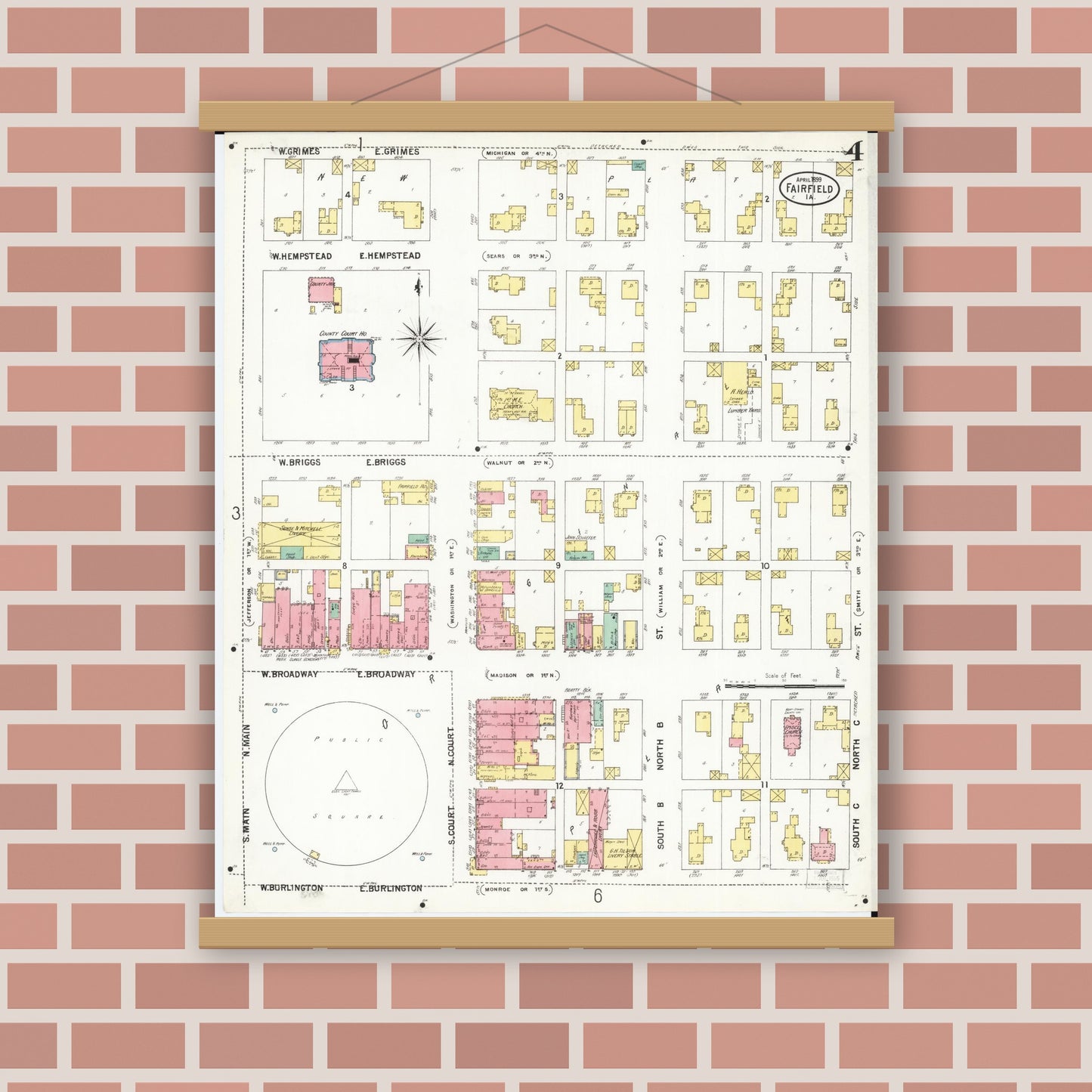 Old map wall art mockup — magnetic wood frame on brick wall — Sanborn Fire Insurance Map from Fairfield, Jefferson County, Iowa (1899), Sheet #0004