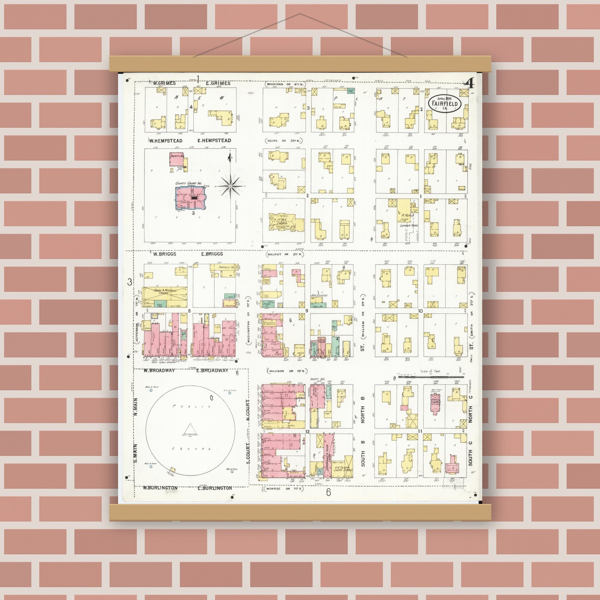 Old map wall art mockup — magnetic wood frame on brick wall — Sanborn Fire Insurance Map from Fairfield, Jefferson County, Iowa (1899), Sheet #0004