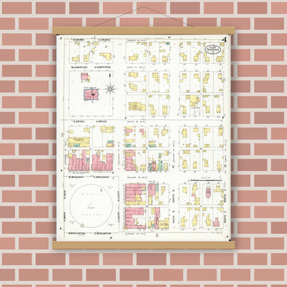 Old map wall art mockup — magnetic wood frame on brick wall — Sanborn Fire Insurance Map from Fairfield, Jefferson County, Iowa (1899), Sheet #0004