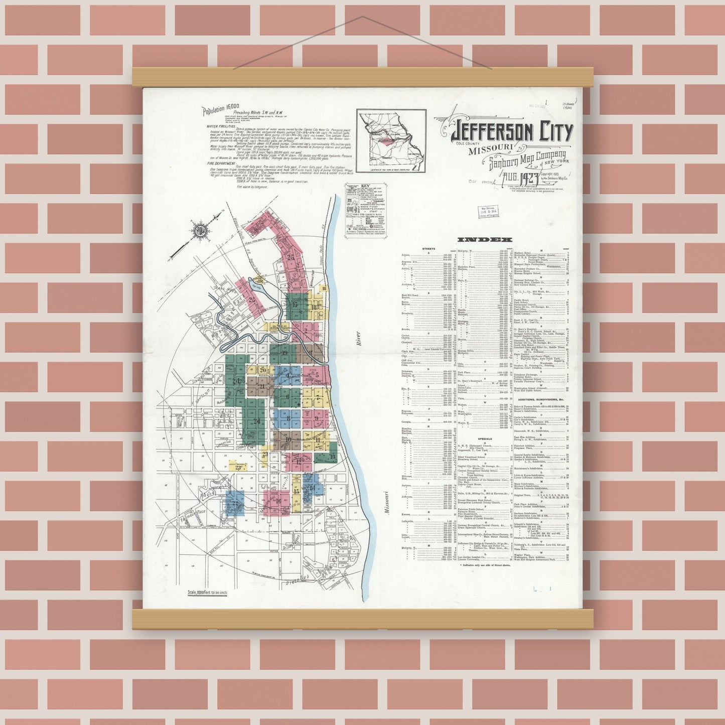 Old map wall art mockup — magnetic wood frame on brick wall — Sanborn Fire Insurance Map from Jefferson City, Cole County, Missouri (1923) - Complete Map Set