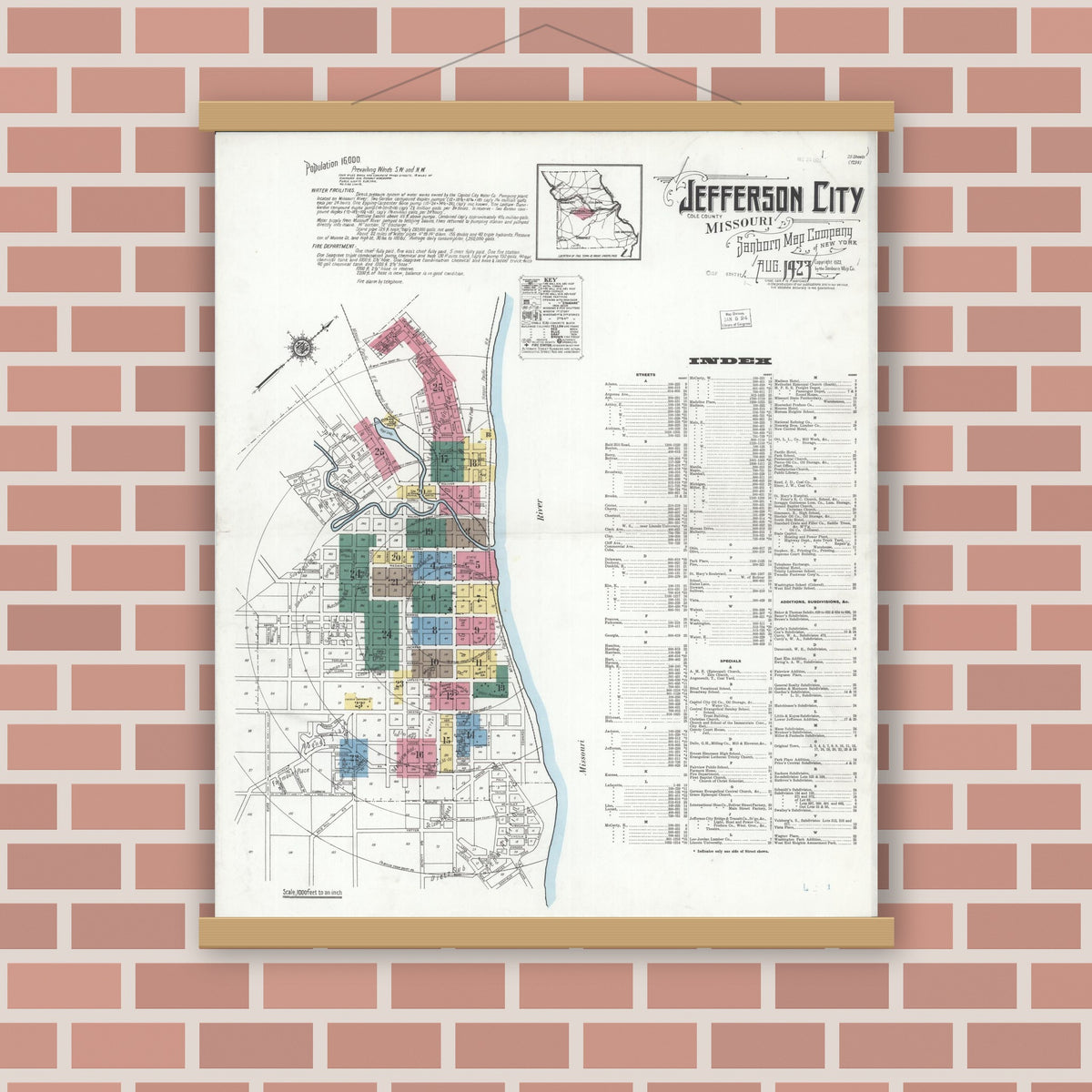 Old map wall art mockup — magnetic wood frame on brick wall — Sanborn Fire Insurance Map from Jefferson City, Cole County, Missouri (1923) - Complete Map Set