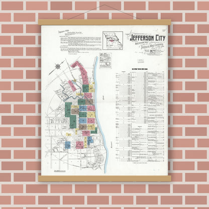 Old map wall art mockup — magnetic wood frame on brick wall — Sanborn Fire Insurance Map from Jefferson City, Cole County, Missouri (1923) - Complete Map Set
