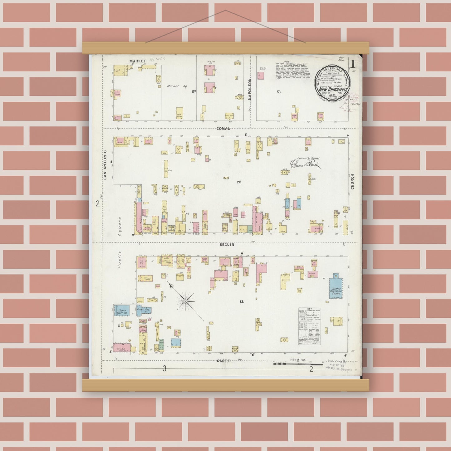 Old map wall art mockup — magnetic wood frame on brick wall — Sanborn Fire Insurance Map from New Braunfels, Comal County, Texas (1896), Sheet #0001