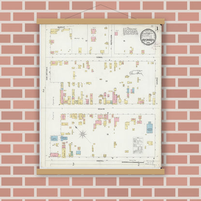 Old map wall art mockup — magnetic wood frame on brick wall — Sanborn Fire Insurance Map from New Braunfels, Comal County, Texas (1896), Sheet #0001