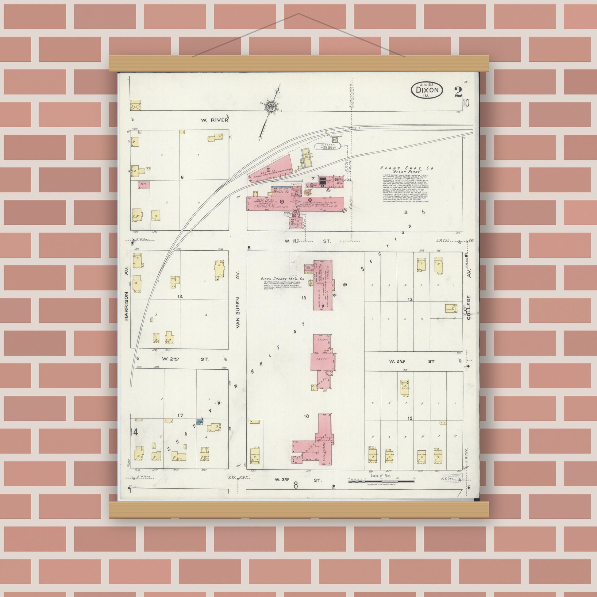Old map wall art mockup — magnetic wood frame on brick wall — Sanborn Fire Insurance Map from Dixon, Lee County, Illinois (1918), Sheet #0002