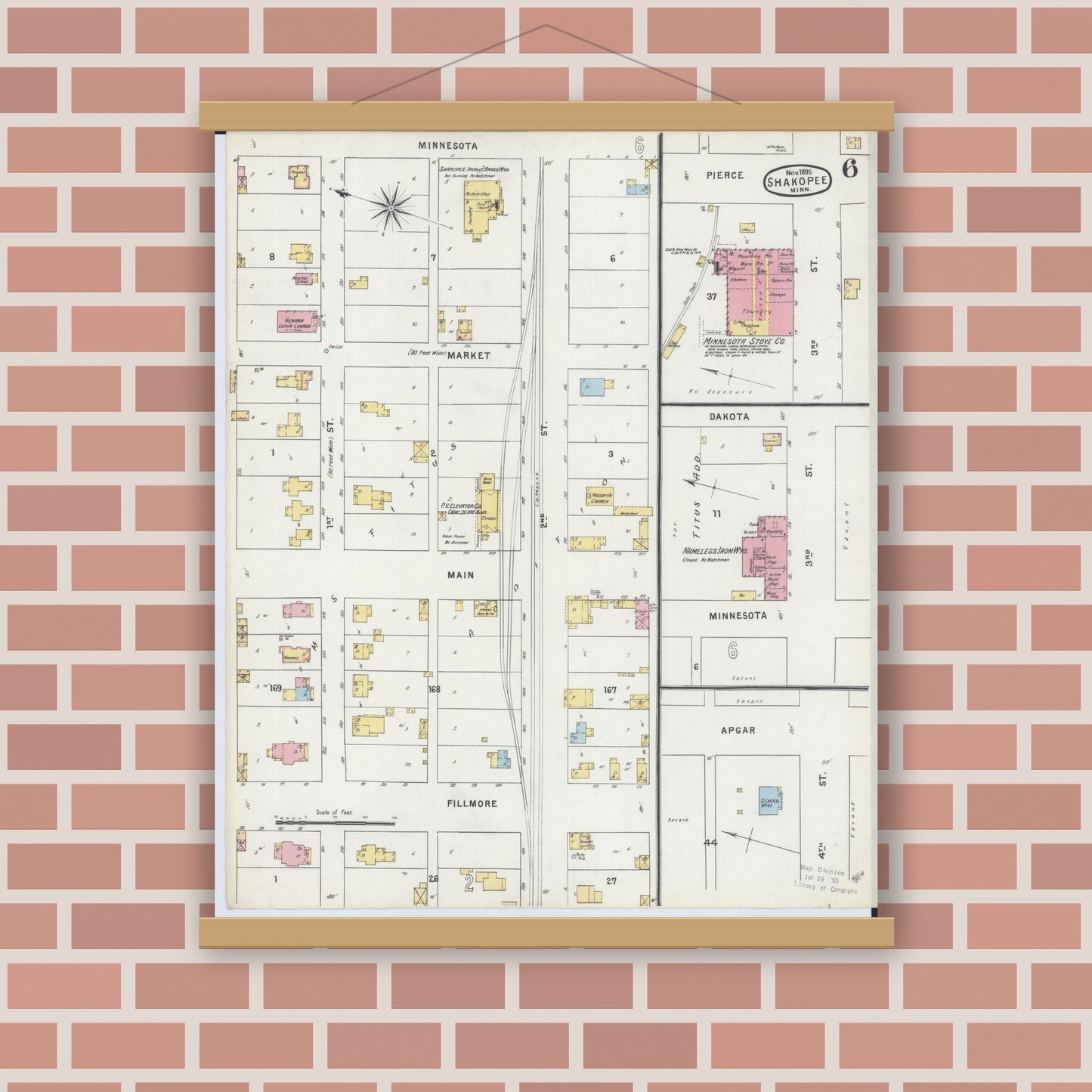 Old map wall art mockup — magnetic wood frame on brick wall — Sanborn Fire Insurance Map from Shakopee, Scott County, Minnesota (1895), Sheet #0006