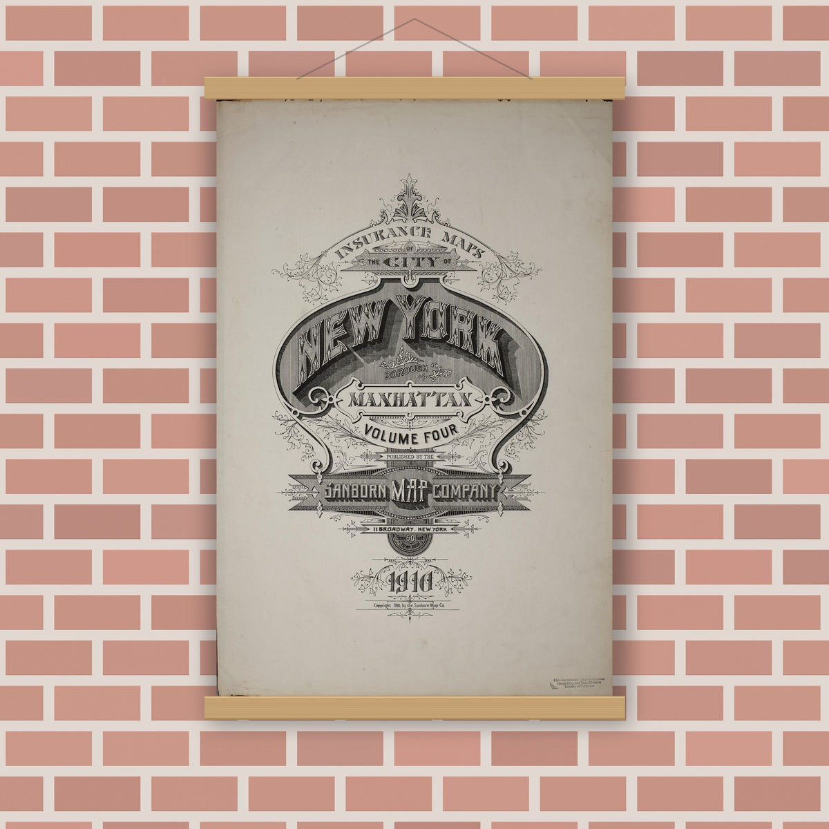 Old map wall art mockup — magnetic wood frame on brick wall — Sanborn Fire Insurance Map from New York, Bronx, Manhattan, New York (1910), Sheet #0001
