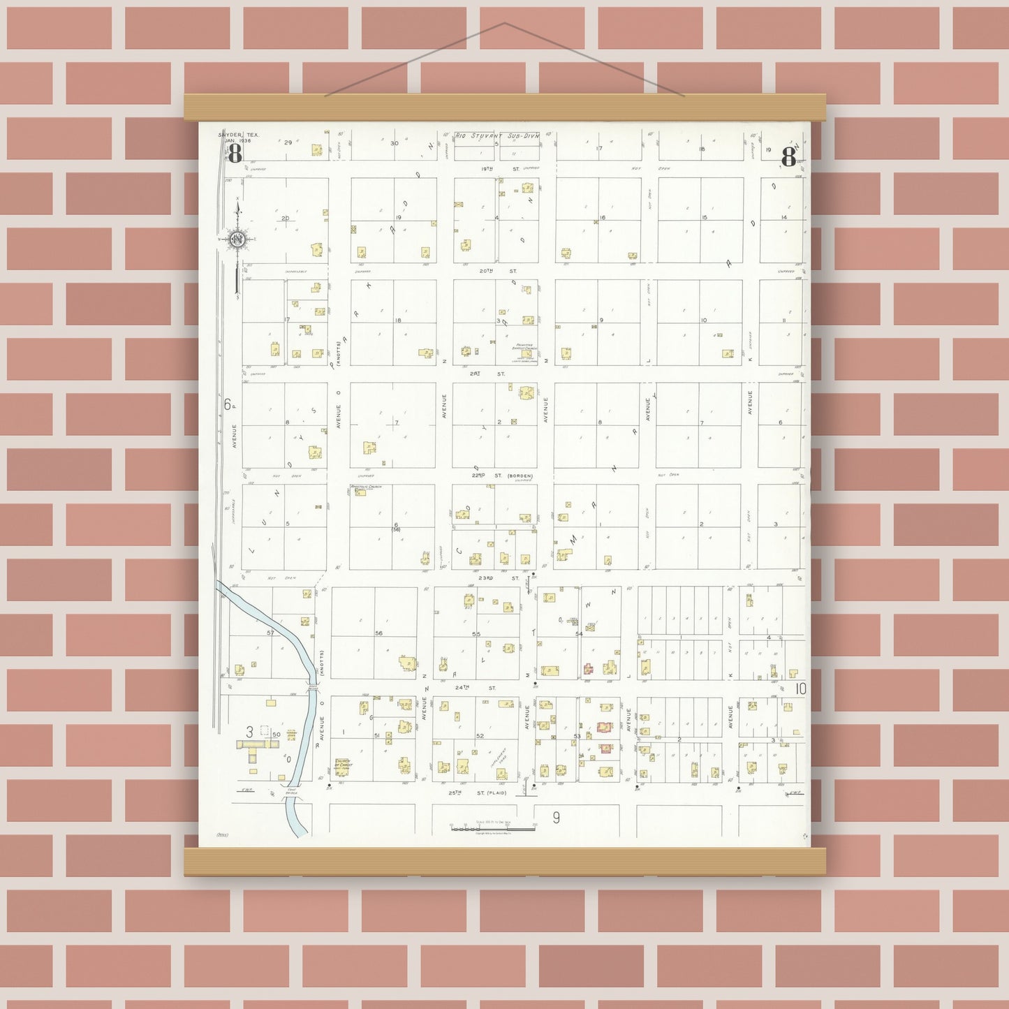 Old map wall art mockup — magnetic wood frame on brick wall — Sanborn Fire Insurance Map from Snyder, Scurry County, Texas (1936), Sheet #0008