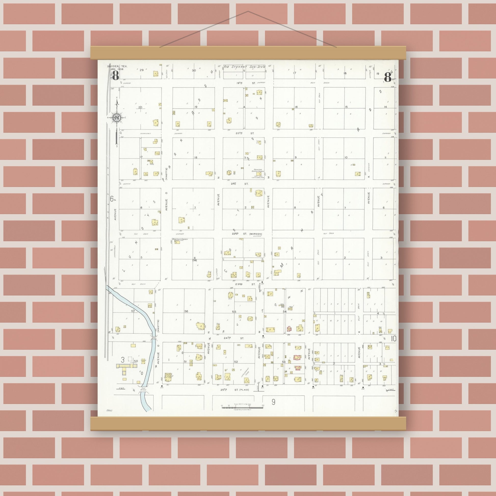 Old map wall art mockup — magnetic wood frame on brick wall — Sanborn Fire Insurance Map from Snyder, Scurry County, Texas (1936), Sheet #0008