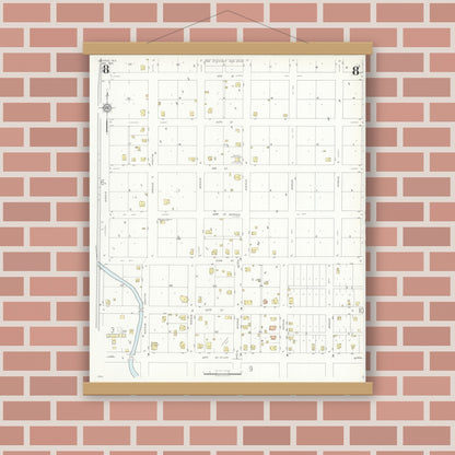 Old map wall art mockup — magnetic wood frame on brick wall — Sanborn Fire Insurance Map from Snyder, Scurry County, Texas (1936), Sheet #0008