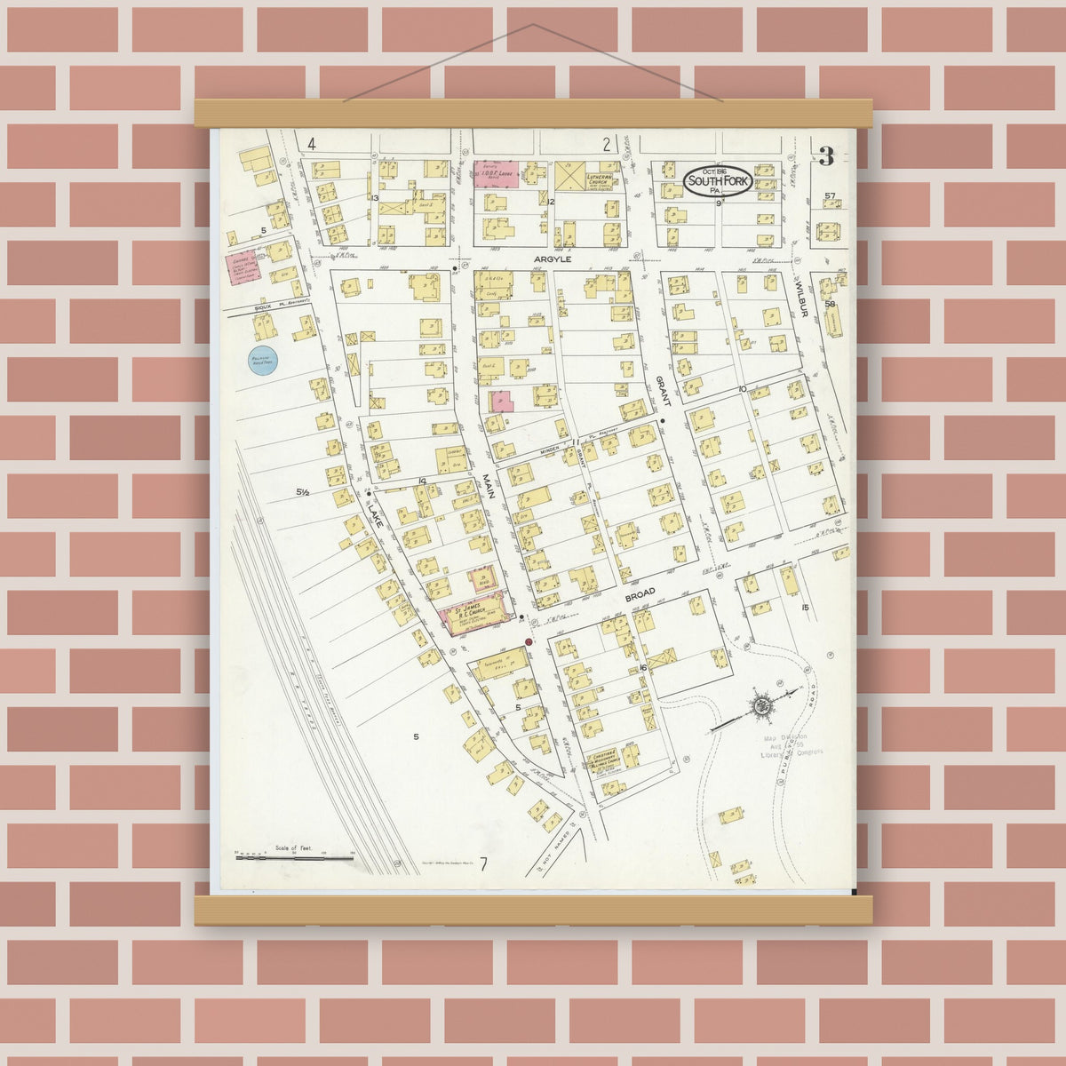 Old map wall art mockup — magnetic wood frame on brick wall — Sanborn Fire Insurance Map from South Fork, Cambria County, Pennsylvania (1916), Sheet #0003