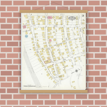 Old map wall art mockup — magnetic wood frame on brick wall — Sanborn Fire Insurance Map from South Fork, Cambria County, Pennsylvania (1916), Sheet #0003