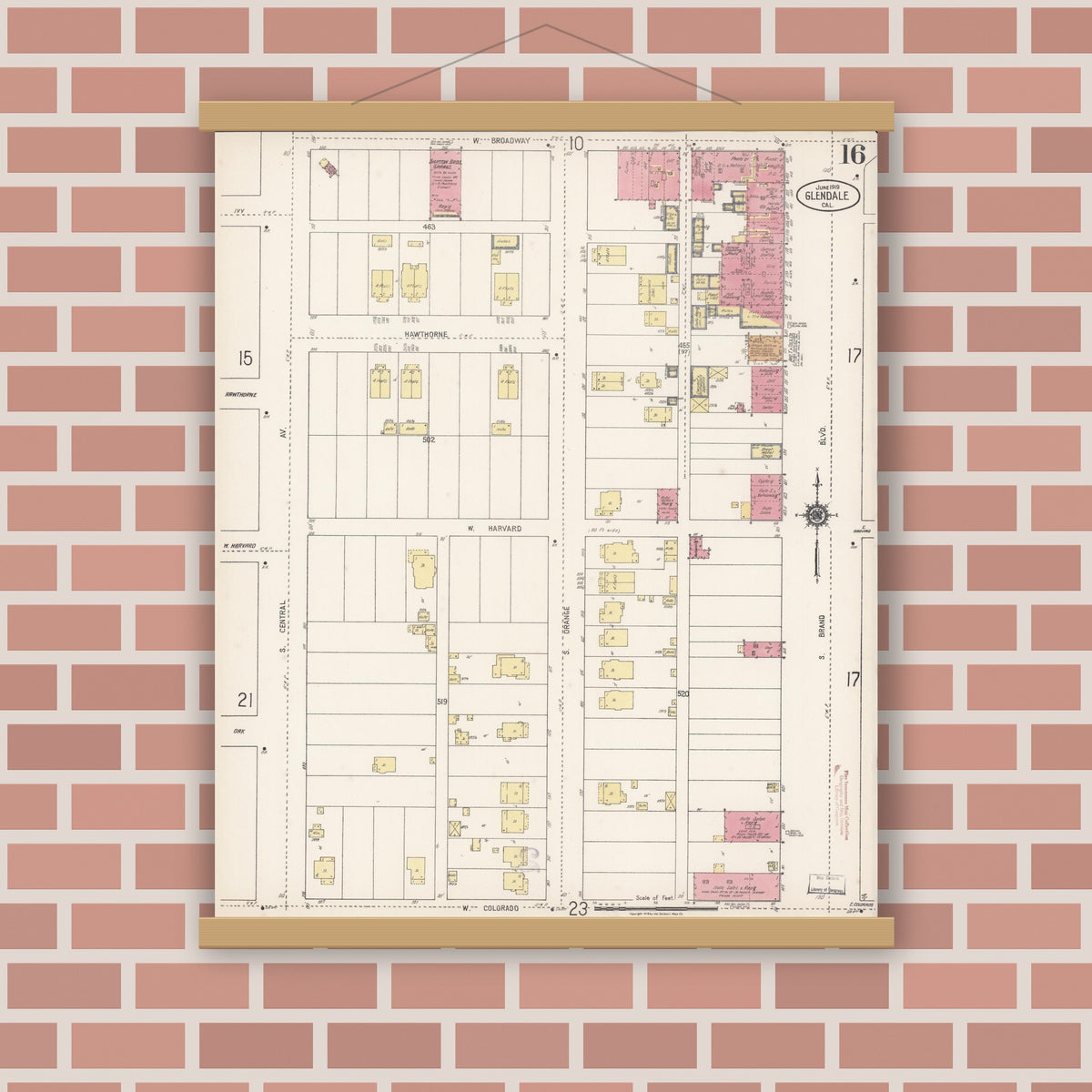 Old map wall art mockup — magnetic wood frame on brick wall — Sanborn Fire Insurance Map from Glendale, Los Angeles County, California (1919), Sheet #0016