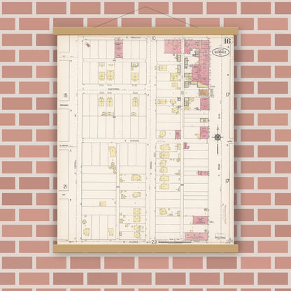 Old map wall art mockup — magnetic wood frame on brick wall — Sanborn Fire Insurance Map from Glendale, Los Angeles County, California (1919), Sheet #0016