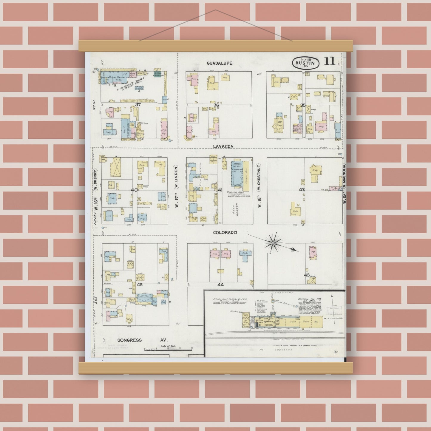 Old map wall art mockup — magnetic wood frame on brick wall — Sanborn Fire Insurance Map from Austin, Travis County, Texas (1889), Sheet #0011