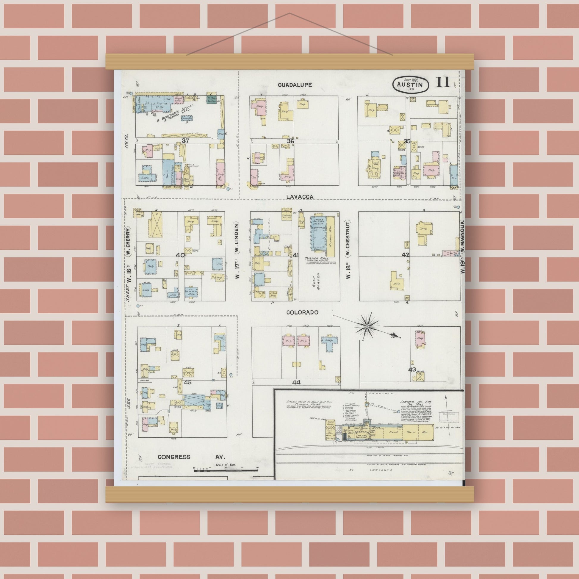 Old map wall art mockup — magnetic wood frame on brick wall — Sanborn Fire Insurance Map from Austin, Travis County, Texas (1889), Sheet #0011