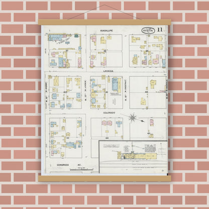 Old map wall art mockup — magnetic wood frame on brick wall — Sanborn Fire Insurance Map from Austin, Travis County, Texas (1889), Sheet #0011