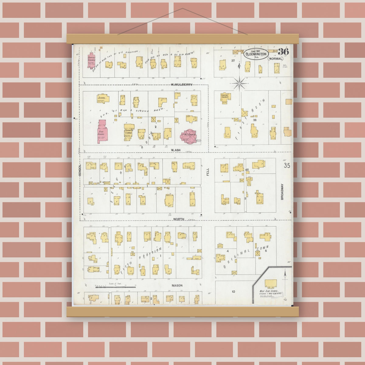 Old map wall art mockup — magnetic wood frame on brick wall — Sanborn Fire Insurance Map from Bloomington, McLean County, Illinois (1901), Sheet #0036