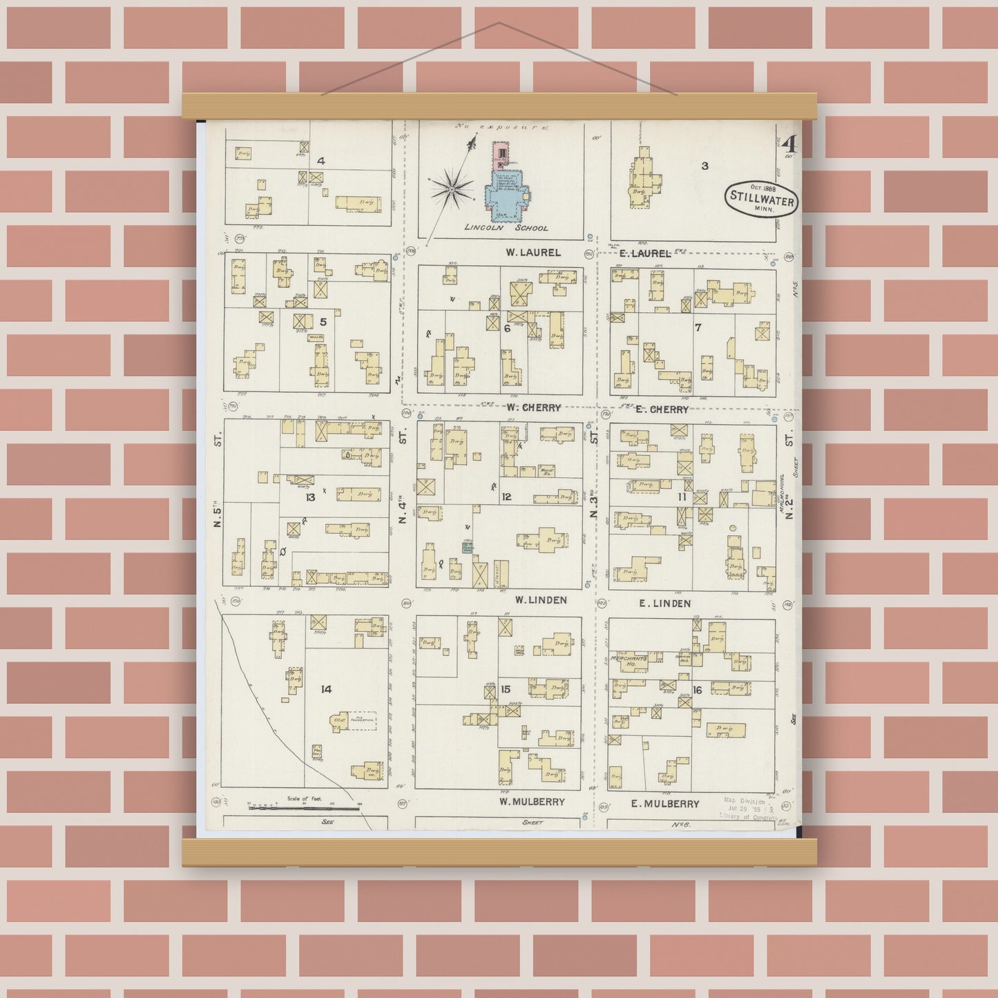 Old map wall art mockup — magnetic wood frame on brick wall — Sanborn Fire Insurance Map from Stillwater, Washington County, Minnesota (1888), Sheet #0004