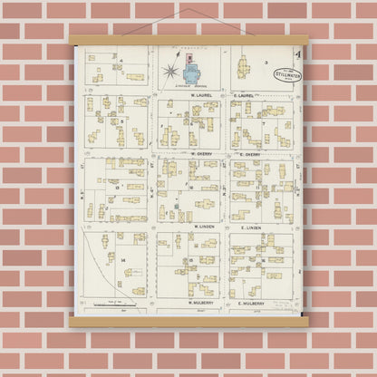 Old map wall art mockup — magnetic wood frame on brick wall — Sanborn Fire Insurance Map from Stillwater, Washington County, Minnesota (1888), Sheet #0004