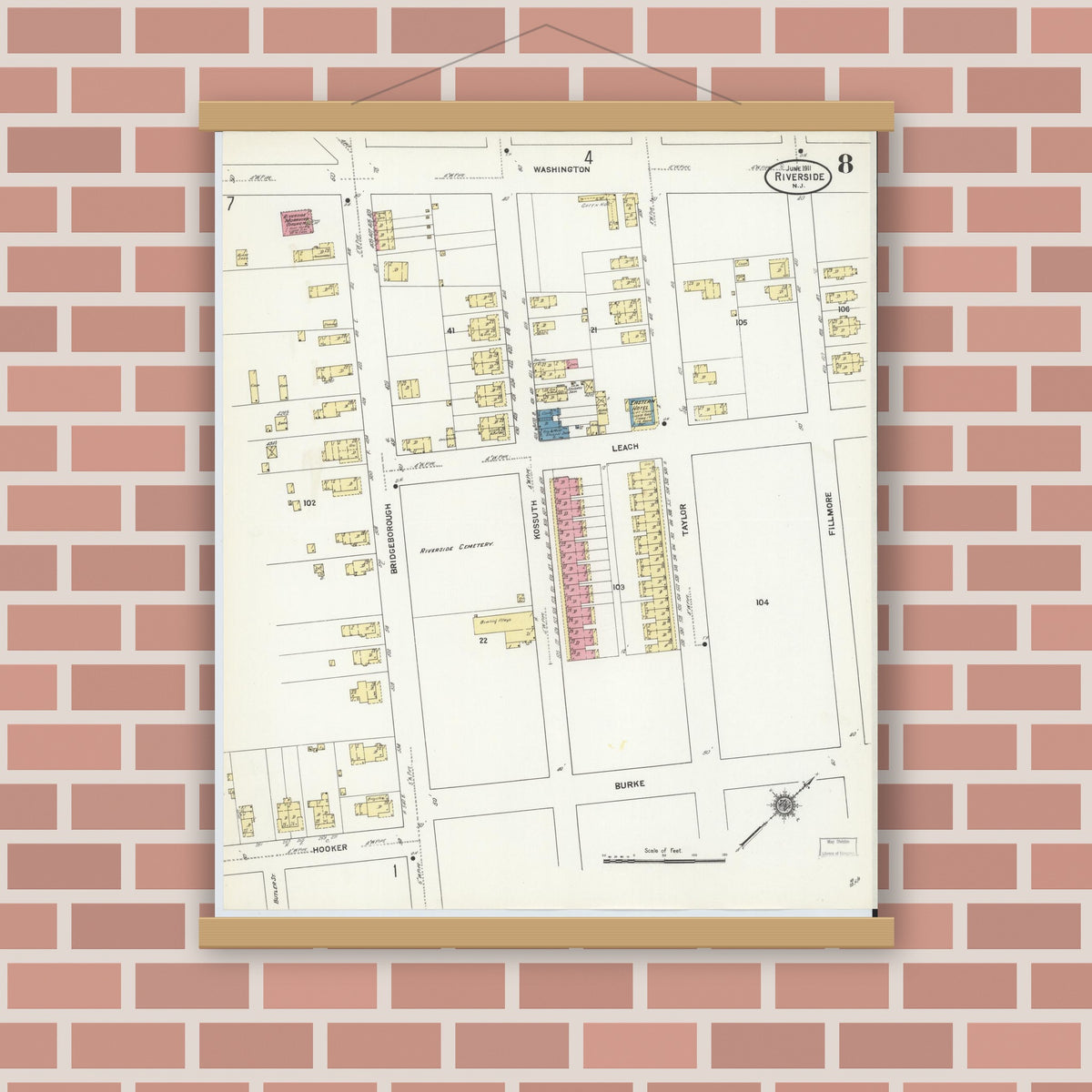 Old map wall art mockup — magnetic wood frame on brick wall — Sanborn Fire Insurance Map from Riverside, Burlington County, New Jersey (1911), Sheet #0008