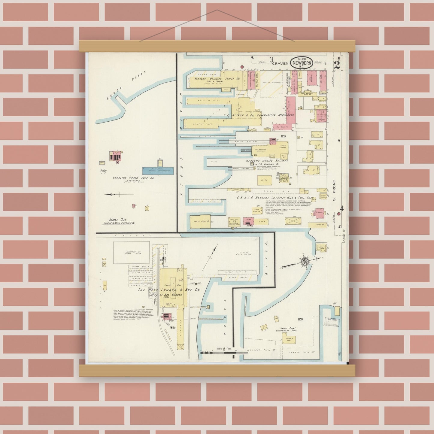 Old map wall art mockup — magnetic wood frame on brick wall — Sanborn Fire Insurance Map from New Bern, Craven County, North Carolina (1913), Sheet #0002