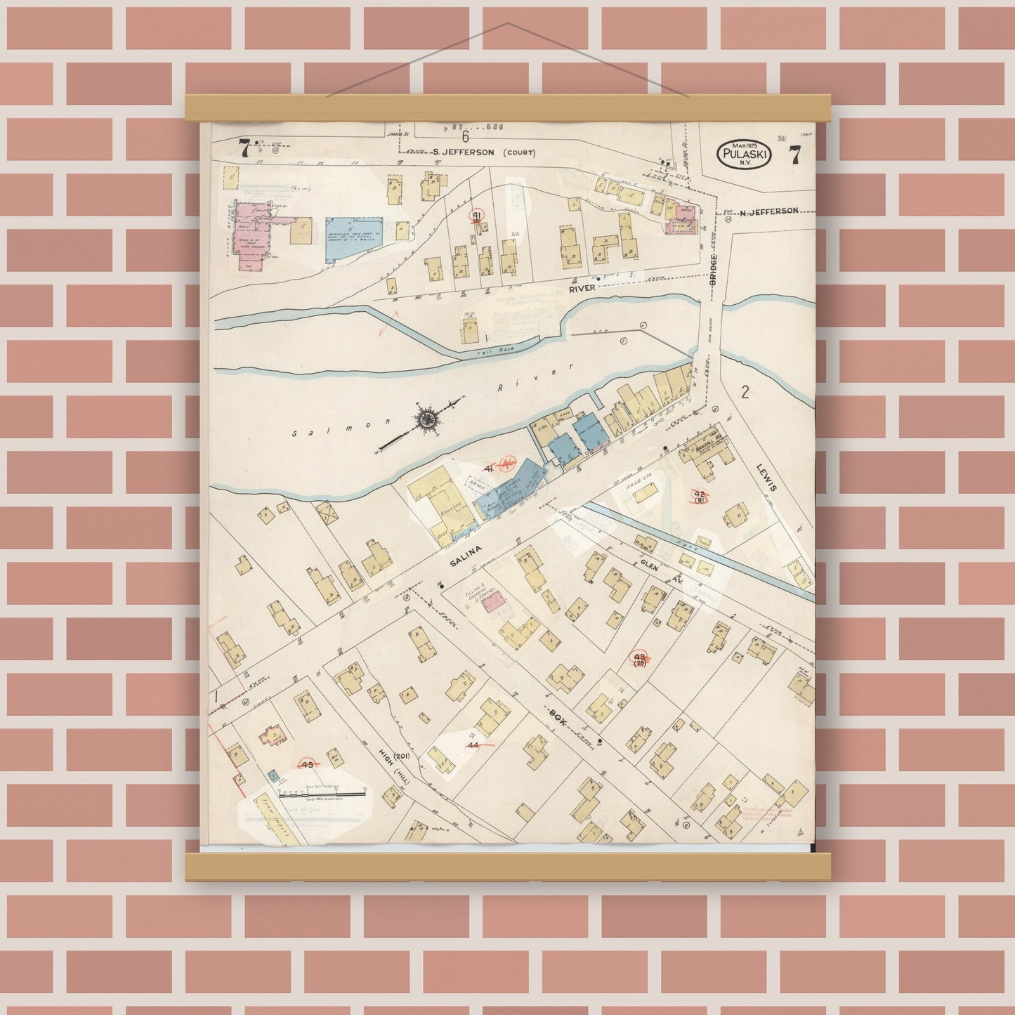Old map wall art mockup — magnetic wood frame on brick wall — Sanborn Fire Insurance Map from Pulaski, Oswego County, New York (1959), Sheet #0007