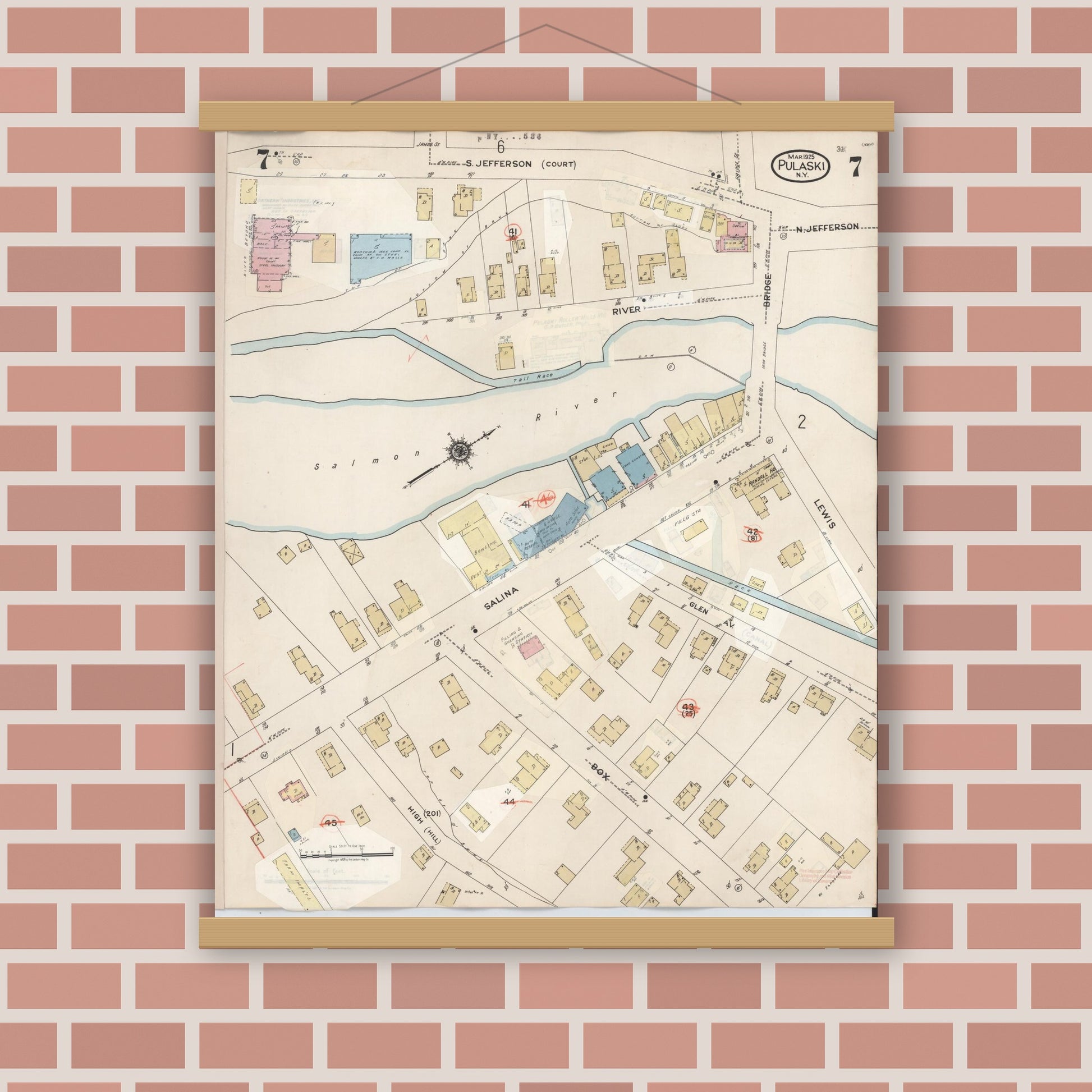 Old map wall art mockup — magnetic wood frame on brick wall — Sanborn Fire Insurance Map from Pulaski, Oswego County, New York (1959), Sheet #0007