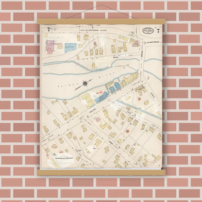 Old map wall art mockup — magnetic wood frame on brick wall — Sanborn Fire Insurance Map from Pulaski, Oswego County, New York (1959), Sheet #0007