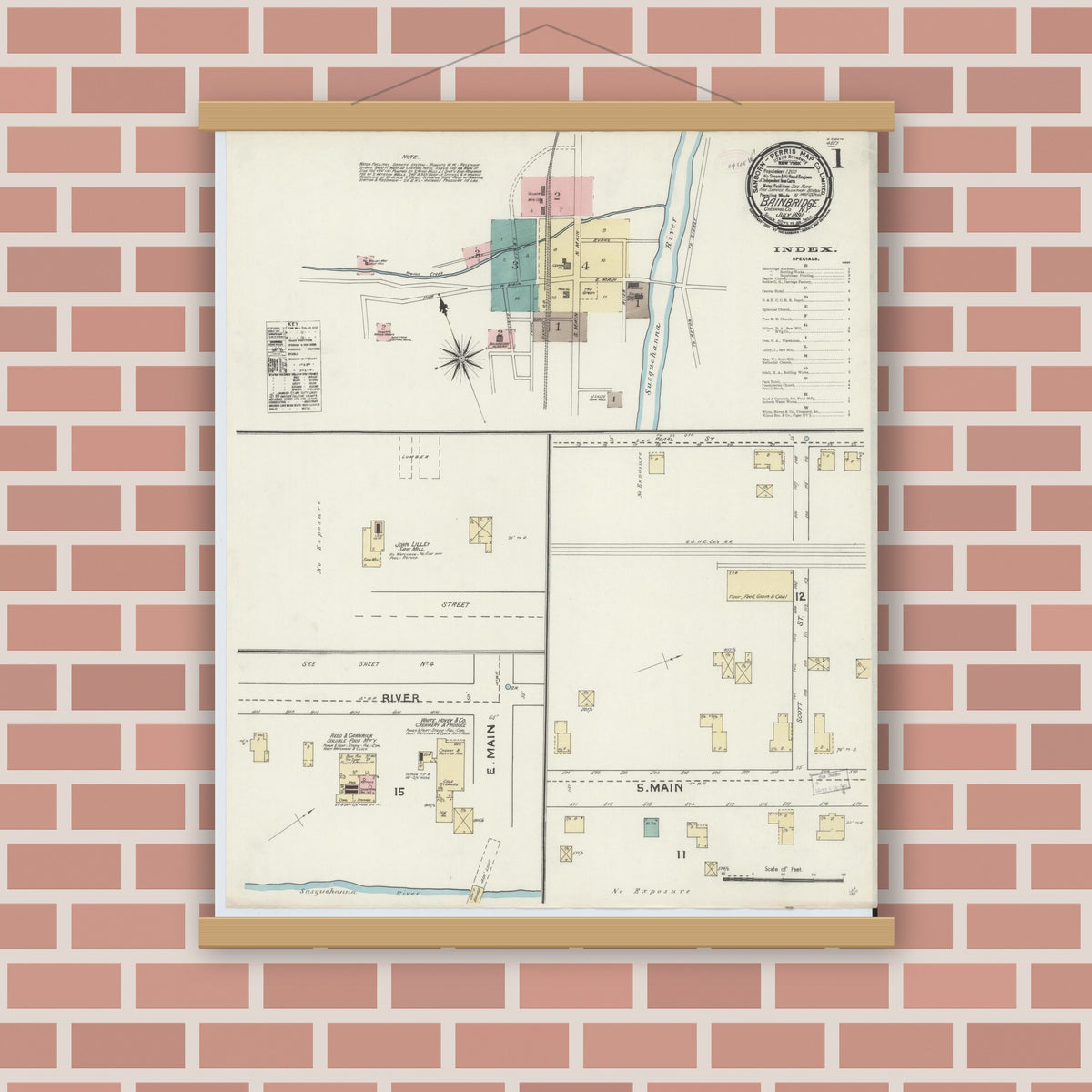 Old map wall art mockup — magnetic wood frame on brick wall — Sanborn Fire Insurance Map from Bainbridge, Chenango County, New York (1891), Sheet #0001