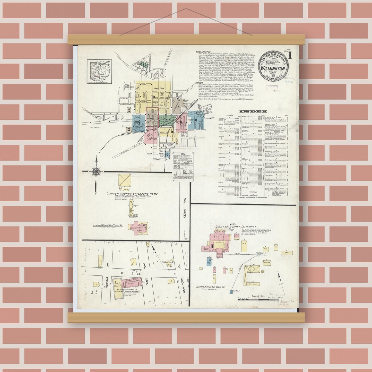Old map wall art mockup — magnetic wood frame on brick wall — Sanborn Fire Insurance Map from Wilmington, Clinton County, Ohio (1914) - Complete Map Set