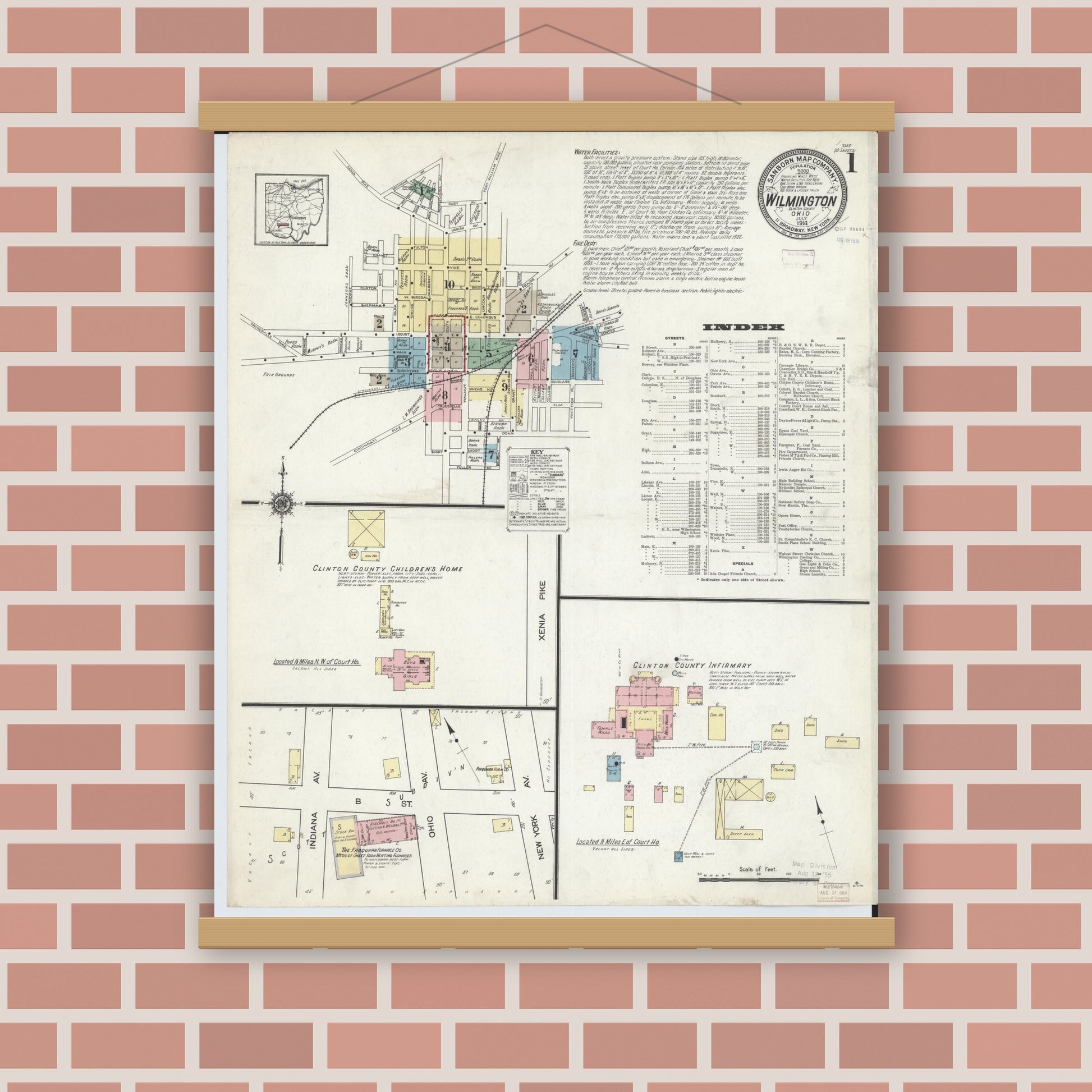 Old map wall art mockup — magnetic wood frame on brick wall — Sanborn Fire Insurance Map from Wilmington, Clinton County, Ohio (1914) - Complete Map Set
