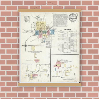 Old map wall art mockup — magnetic wood frame on brick wall — Sanborn Fire Insurance Map from Wilmington, Clinton County, Ohio (1914) - Complete Map Set