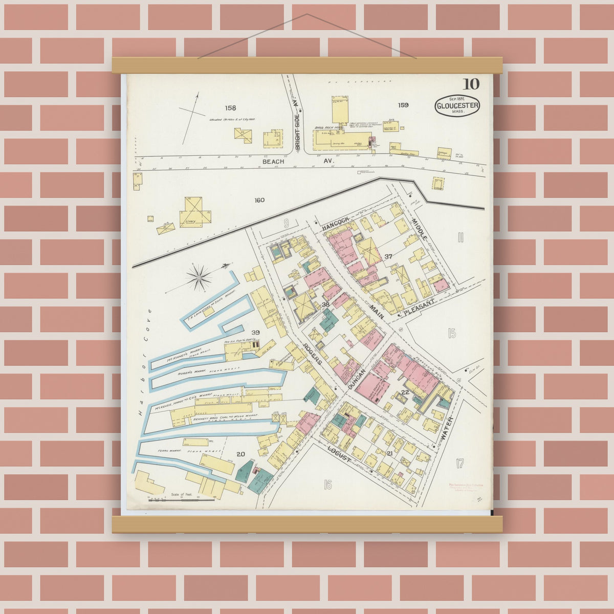Old map wall art mockup — magnetic wood frame on brick wall — Sanborn Fire Insurance Map from Gloucester, Essex County, Massachusetts (1892), Sheet #0010