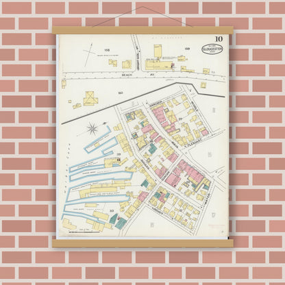 Old map wall art mockup — magnetic wood frame on brick wall — Sanborn Fire Insurance Map from Gloucester, Essex County, Massachusetts (1892), Sheet #0010