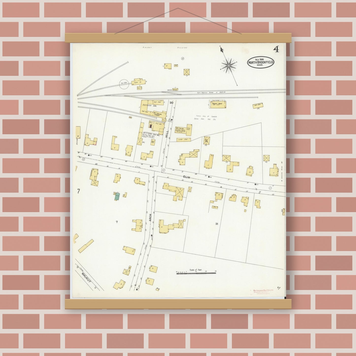 Old map wall art mockup — magnetic wood frame on brick wall — Sanborn Fire Insurance Map from North Brookfield, Worcester County, Massachusetts (1906), Sheet #0004